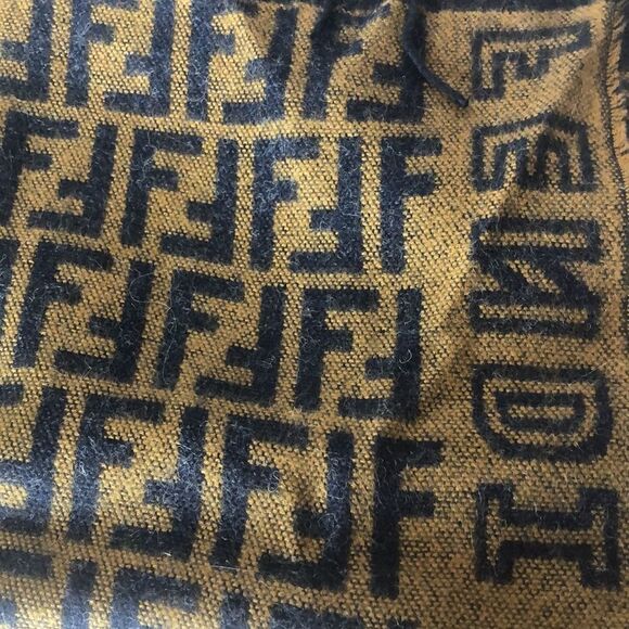 FENDI Navy Blue Tan Wool Silk Scarf with Decorative Tassels NWOT - Picture 7 of 11